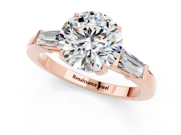 Rose gold Round Cut Moissanite Three-Stone Ring with Tapered Baguette Side Stones and Prong Setting