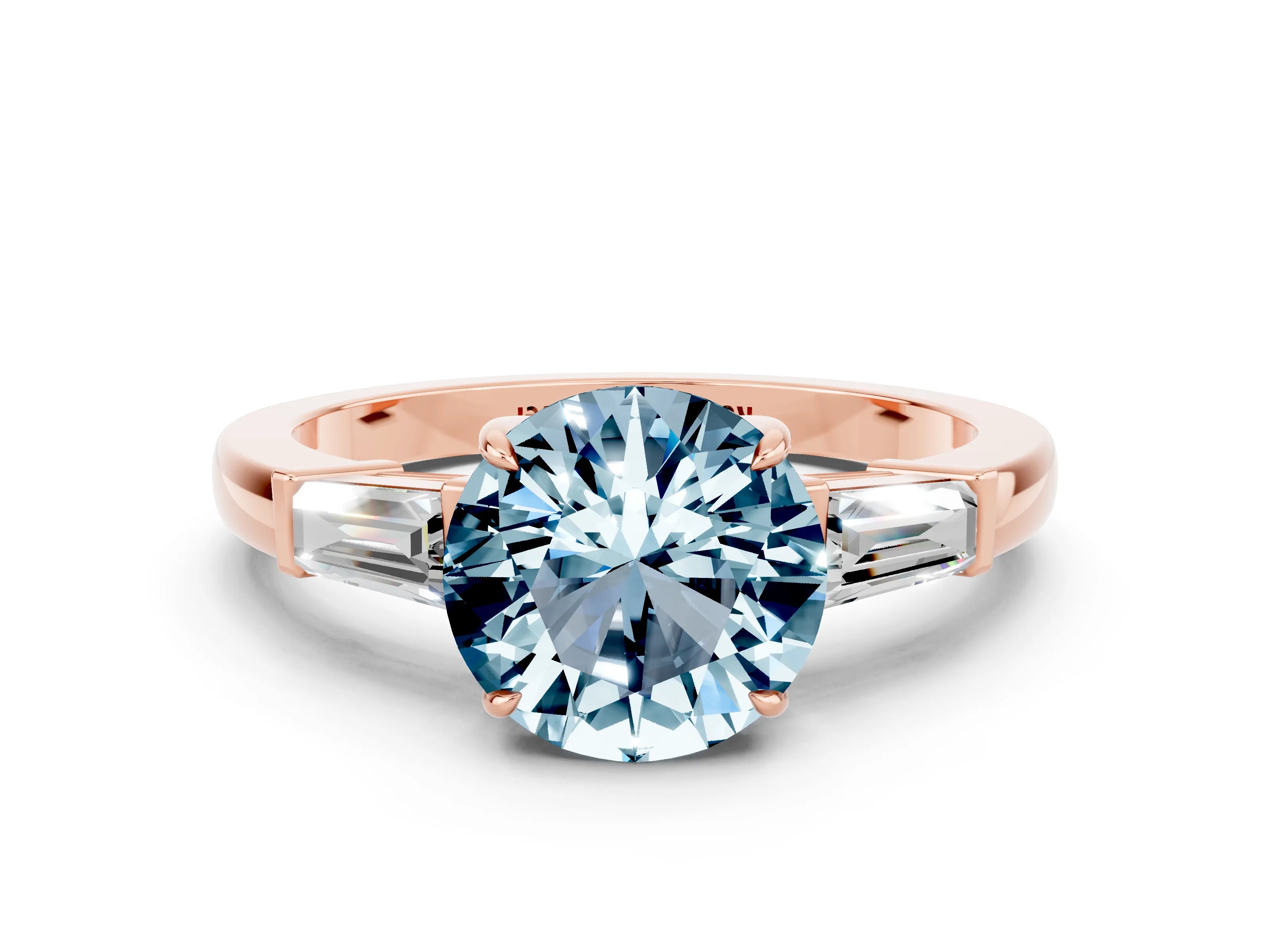 Rose gold Round Cut Cut Diamond Ring with Tapered Baguette Side Stones in Four-Prong Setting