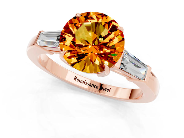 Rose gold Round Cut Citrine Three-Stone Ring with Tapered Baguette Side Stones and Prong Setting