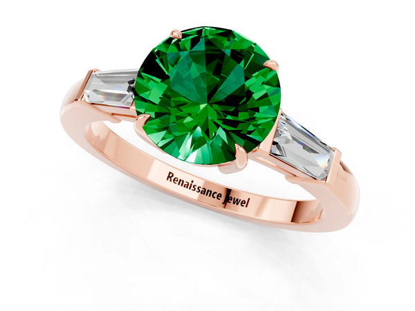 Rose gold Round Cut Emerald Three-Stone Ring with Tapered Baguette Side Stones and Prong Setting