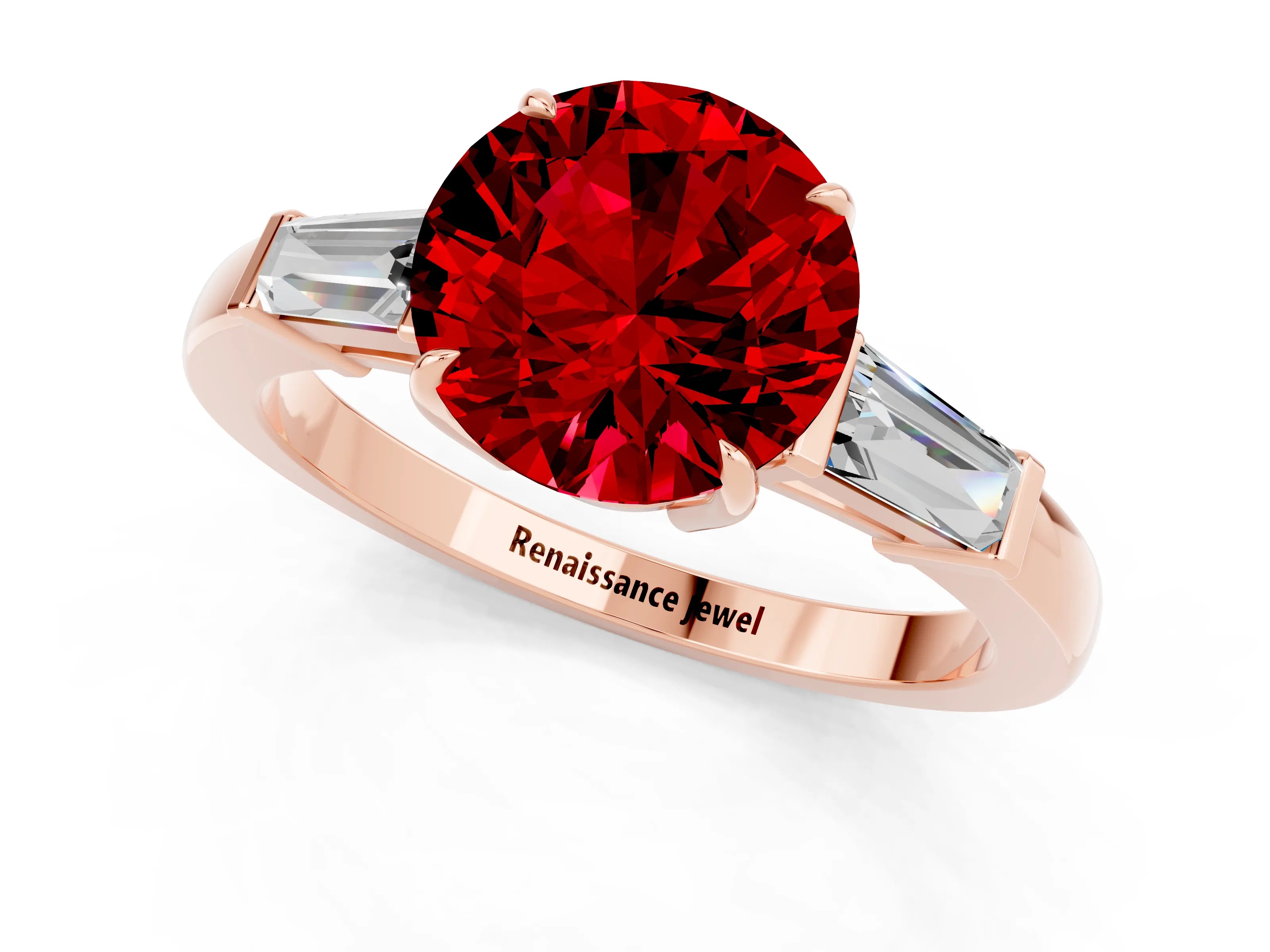 Rose gold Round Cut Cut Diamond Ring with Tapered Baguette Side Stones in Four-Prong Setting_1