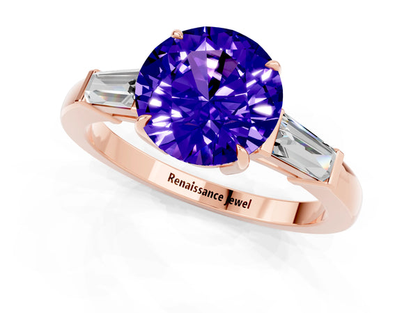 Rose gold Round Cut Tanzanite Three-Stone Ring with Tapered Baguette Side Stones and Prong Setting