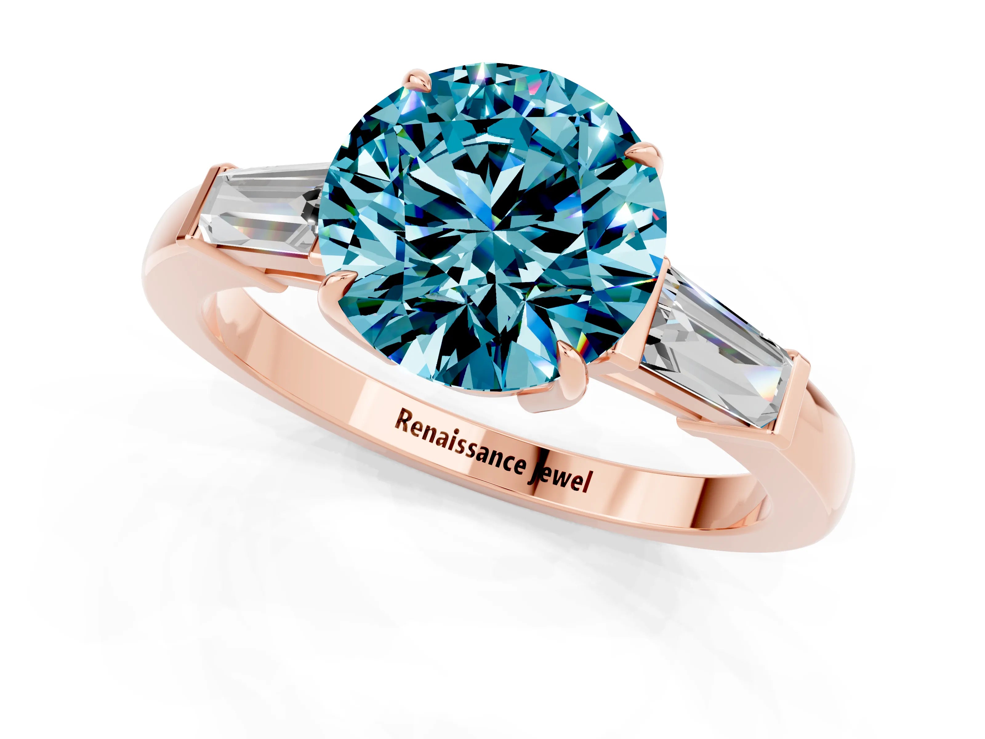 Rose gold Round Cut Cut Diamond Ring with Tapered Baguette Side Stones in Four-Prong Setting_1