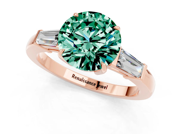 Rose gold Round Cut Green Sapphire Three-Stone Ring with Tapered Baguette Side Stones and Prong Setting
