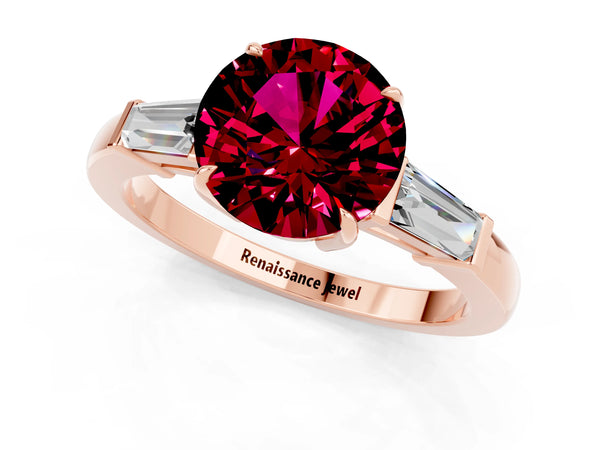 Rose gold Round Cut Garnet Three-Stone Ring with Tapered Baguette Side Stones and Prong Setting
