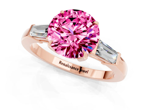 Rose gold Round Cut Cut Diamond Ring with Tapered Baguette Side Stones in Four-Prong Setting_1