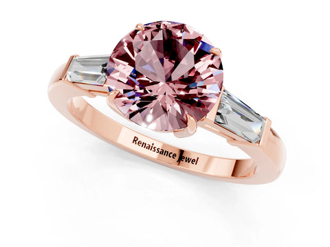 Rose gold Round Cut Cut Diamond Ring with Tapered Baguette Side Stones in Four-Prong Setting_1