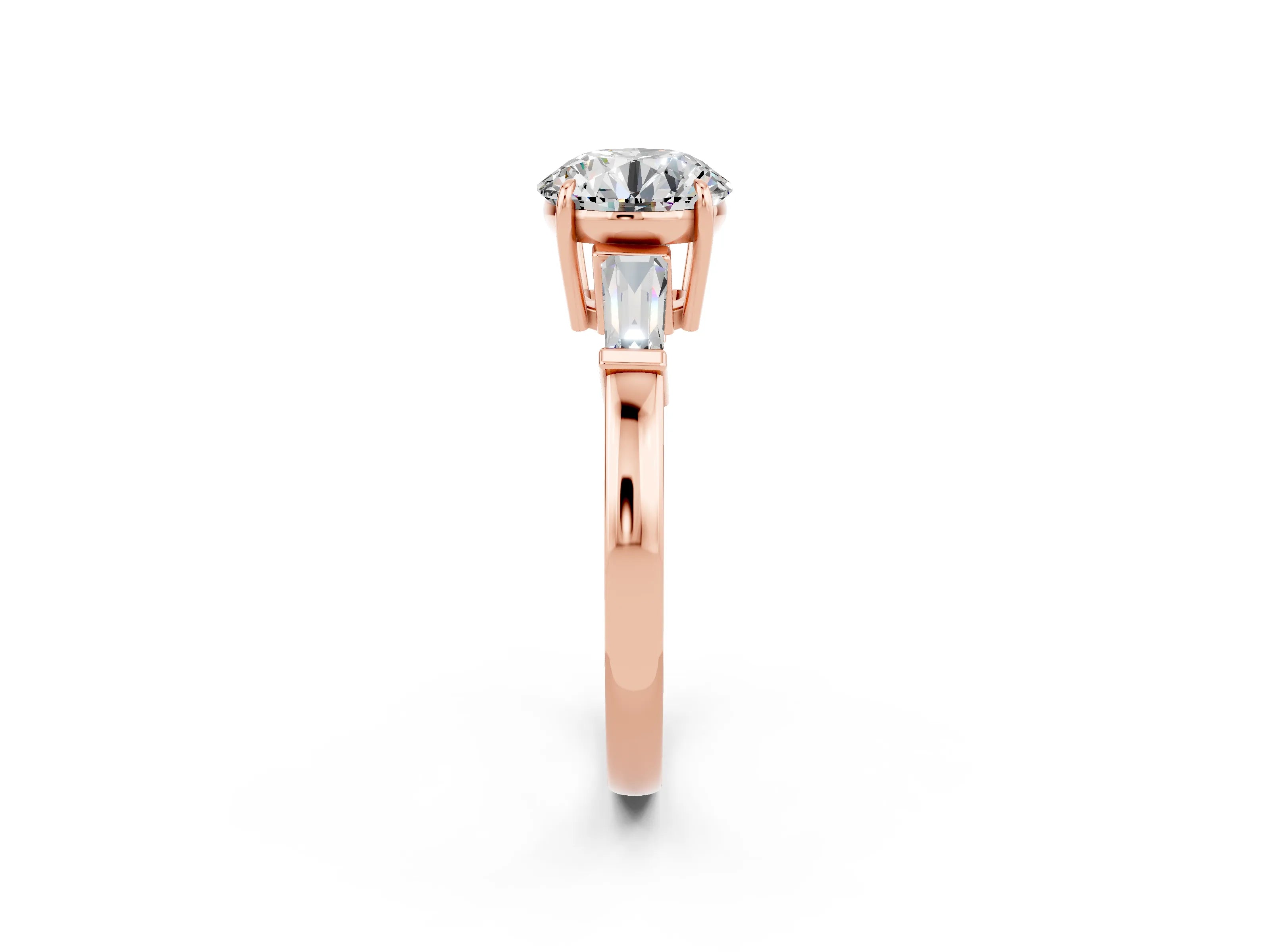 Rose gold Round Cut Cut Diamond Ring with Tapered Baguette Side Stones in Four-Prong Setting_2
