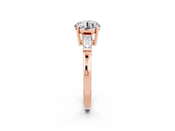 Rose gold Round Cut Moissanite Three-Stone Ring with Tapered Baguette Side Stones and Prong Setting