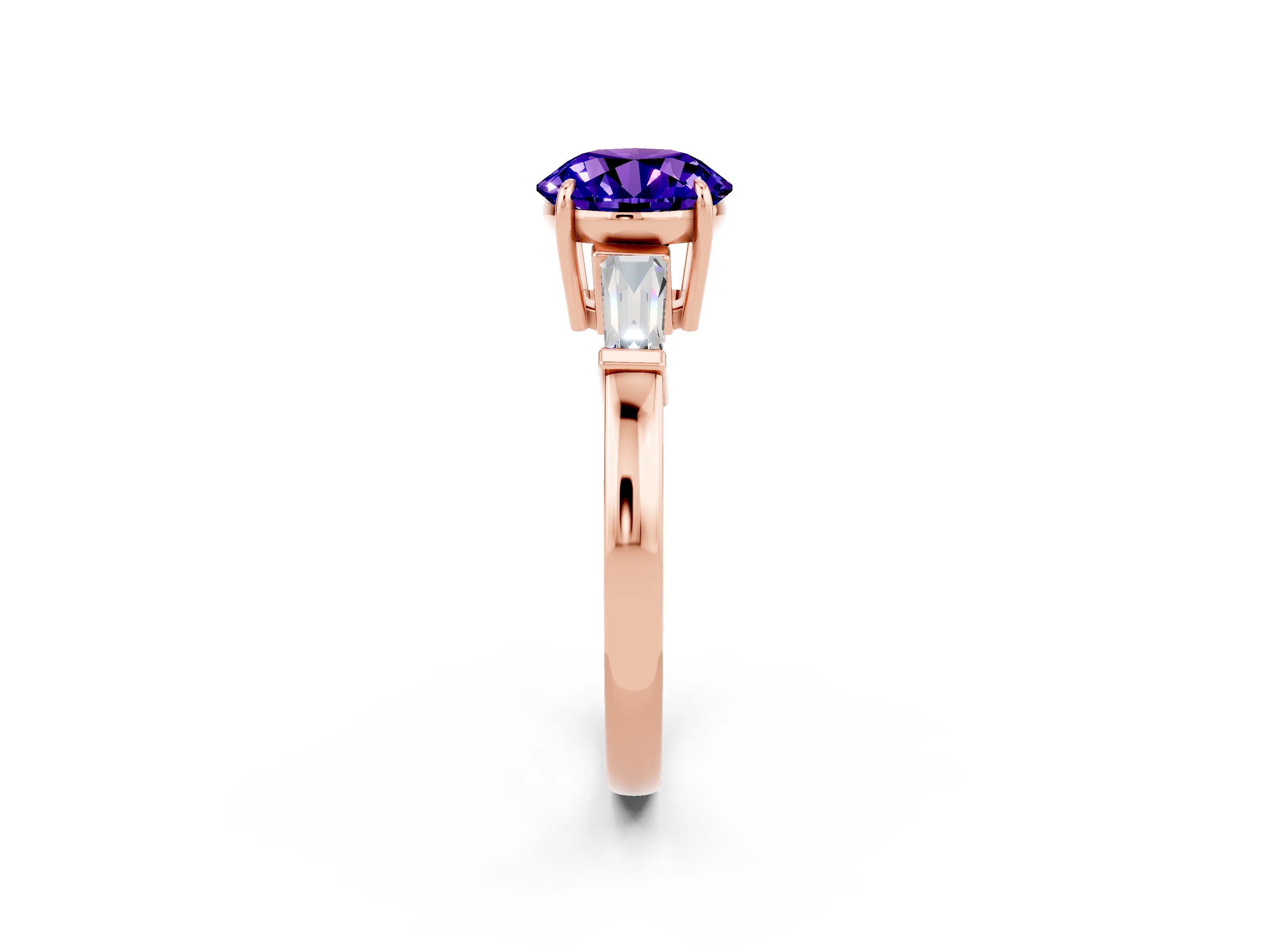 Rose gold Round Cut Cut Diamond Ring with Tapered Baguette Side Stones in Four-Prong Setting_2