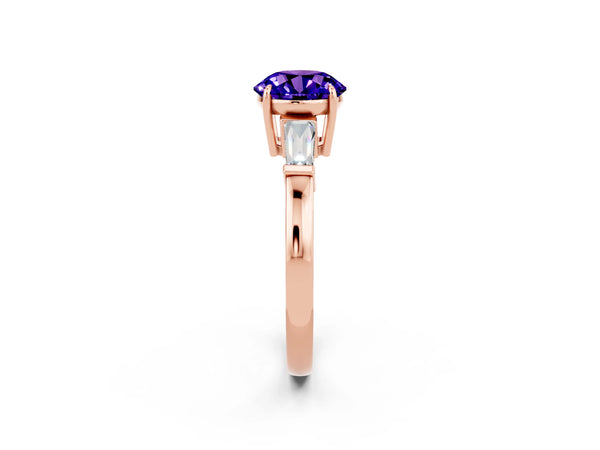 Rose gold Round Cut Tanzanite Three-Stone Ring with Tapered Baguette Side Stones and Prong Setting