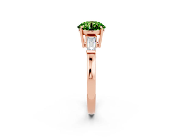 Rose gold Round Cut Cut Diamond Ring with Tapered Baguette Side Stones in Four-Prong Setting