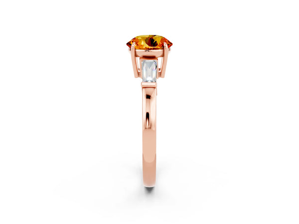 Rose gold Round Cut Citrine Three-Stone Ring with Tapered Baguette Side Stones and Prong Setting
