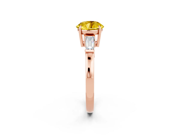 Rose gold Round Cut Yellow Sapphire Three-Stone Ring with Tapered Baguette Side Stones and Prong Setting