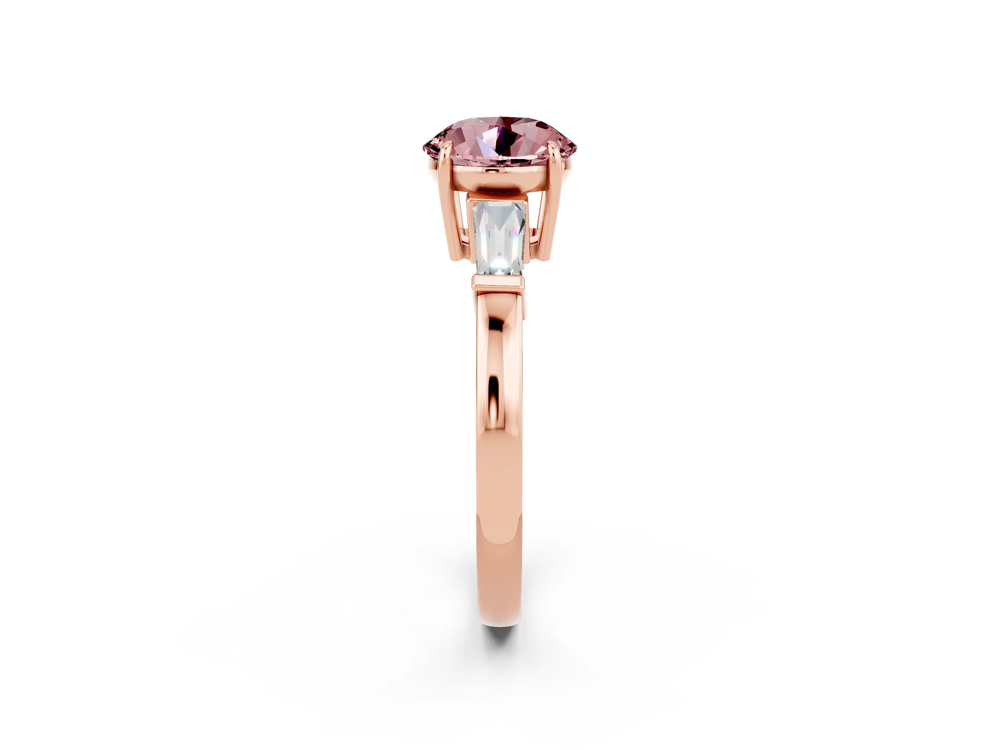 Rose gold Round Cut Cut Diamond Ring with Tapered Baguette Side Stones in Four-Prong Setting_2