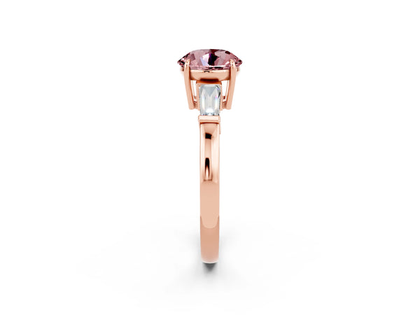 Rose gold Round Cut Cut Diamond Ring with Tapered Baguette Side Stones in Four-Prong Setting