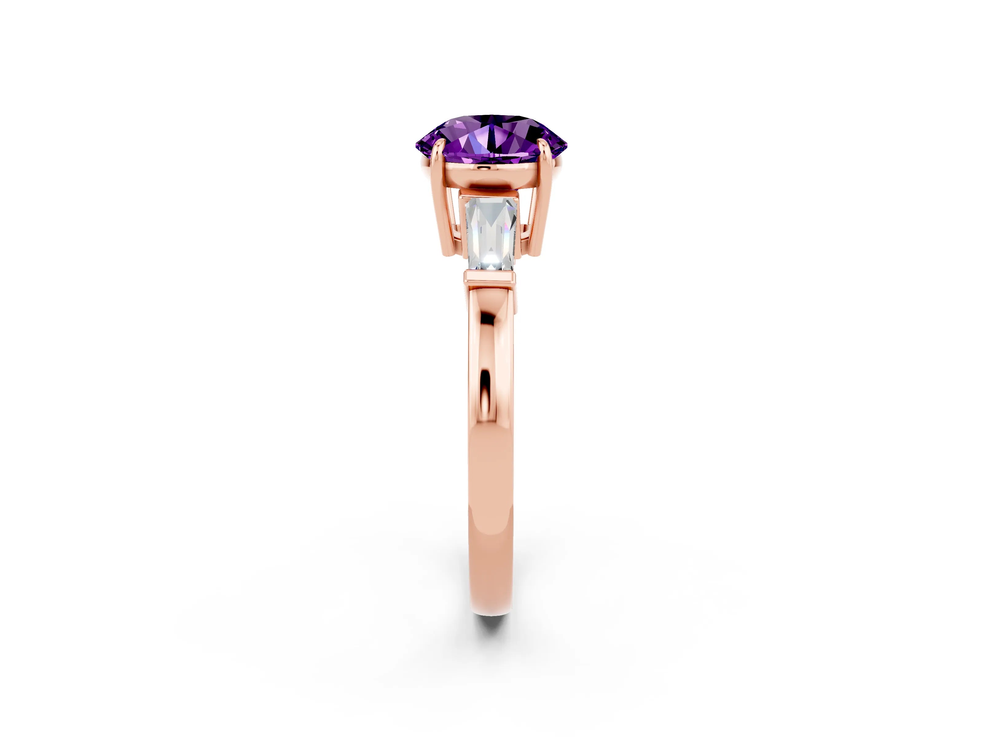 Rose gold Round Cut Cut Diamond Ring with Tapered Baguette Side Stones in Four-Prong Setting_2