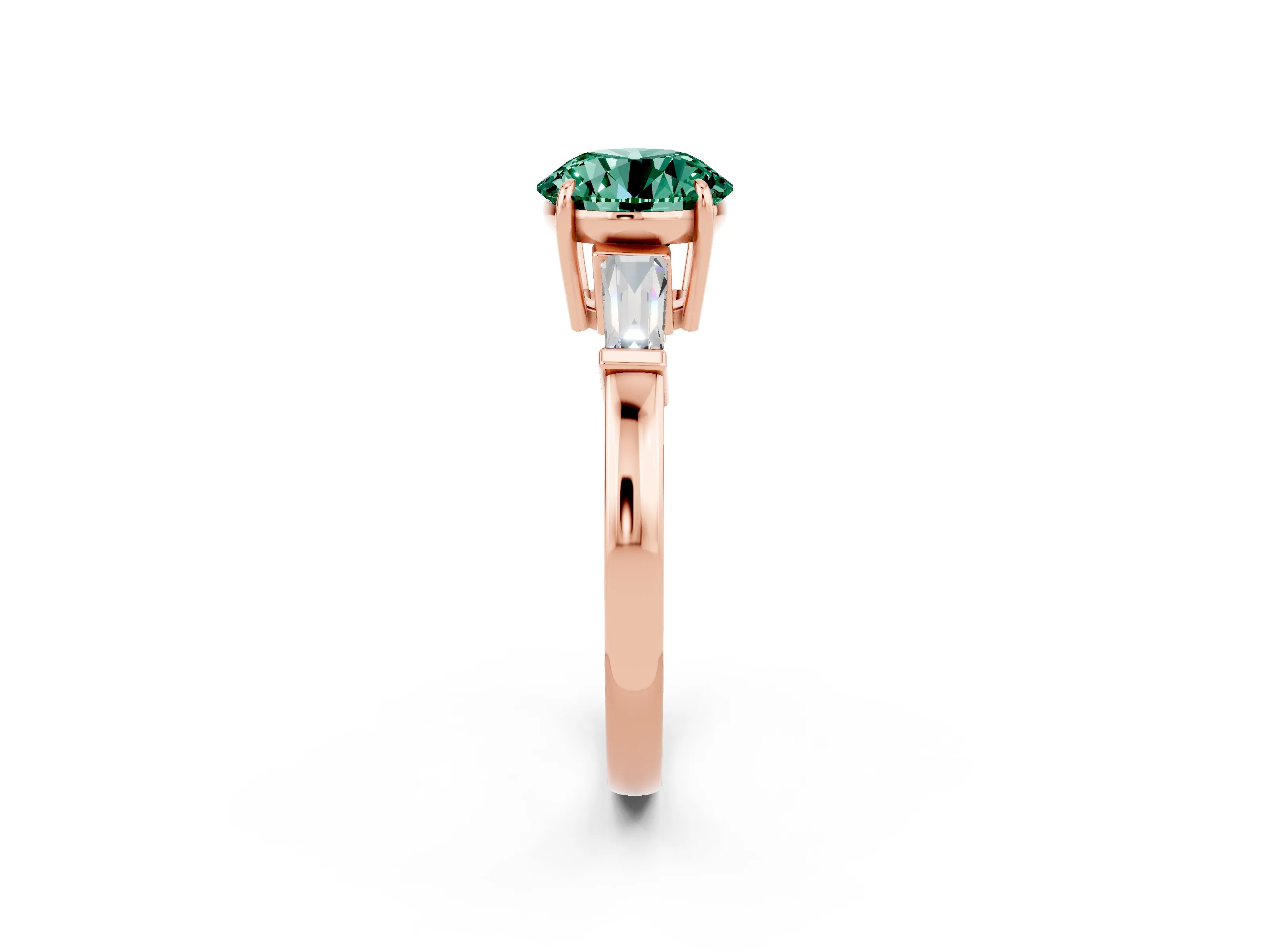 Rose gold Round Cut Cut Diamond Ring with Tapered Baguette Side Stones in Four-Prong Setting_2