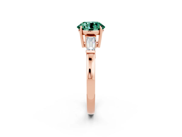 Rose gold Round Cut Green Sapphire Three-Stone Ring with Tapered Baguette Side Stones and Prong Setting