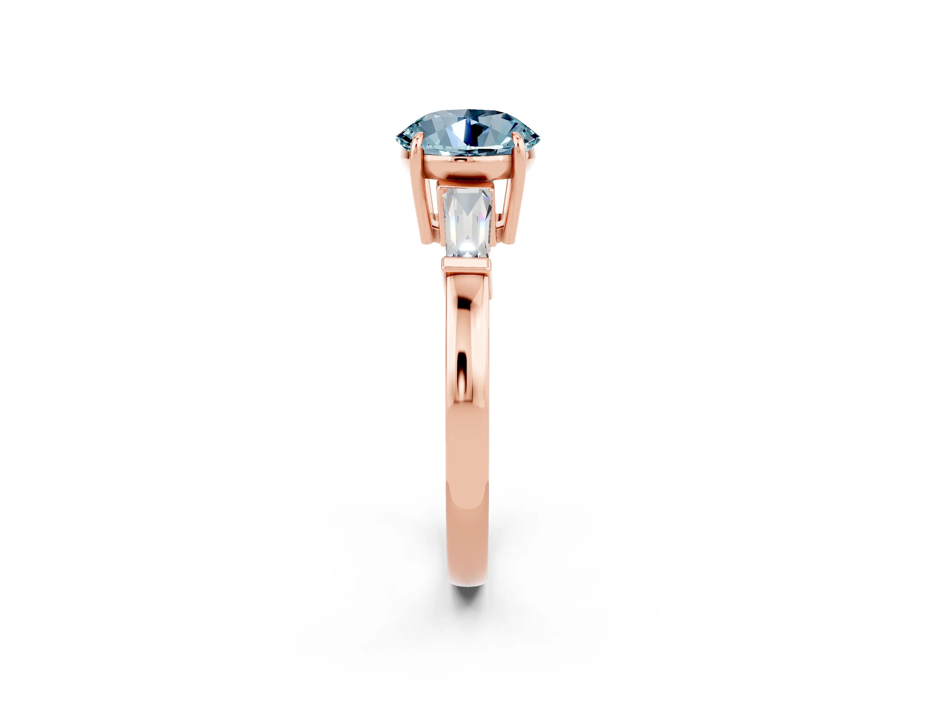 Rose gold Round Cut Cut Diamond Ring with Tapered Baguette Side Stones in Four-Prong Setting_2
