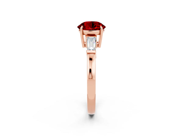 Rose gold Round Cut Cut Diamond Ring with Tapered Baguette Side Stones in Four-Prong Setting