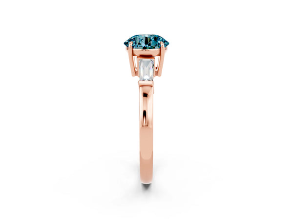 Rose gold Round Cut Cut Diamond Ring with Tapered Baguette Side Stones in Four-Prong Setting