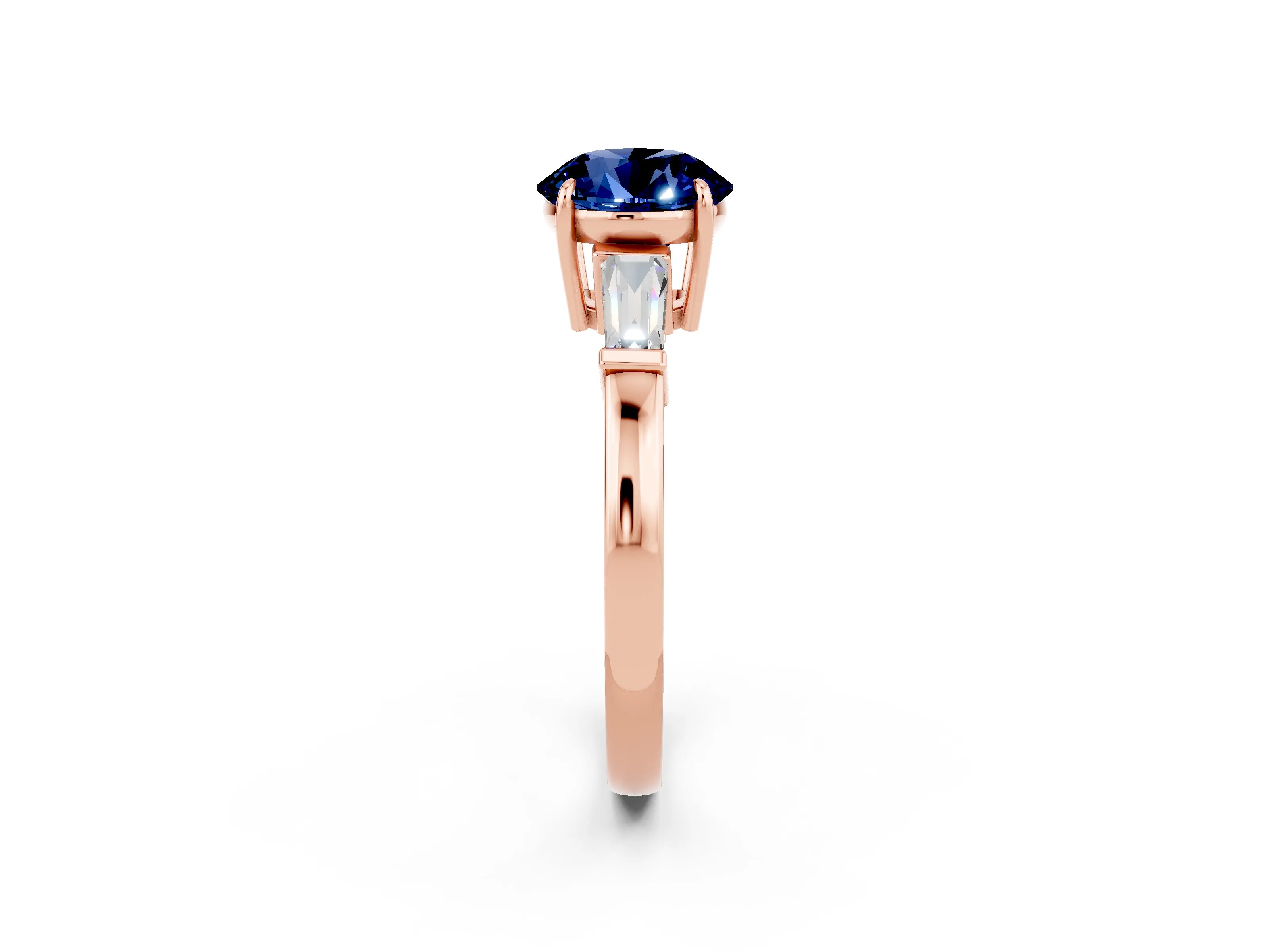 Rose gold Round Cut Cut Diamond Ring with Tapered Baguette Side Stones in Four-Prong Setting_2