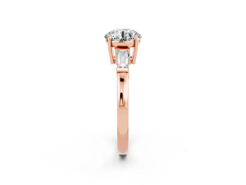 Rose gold Round Cut Cut Diamond Ring with Tapered Baguette Side Stones in Four-Prong Setting_2