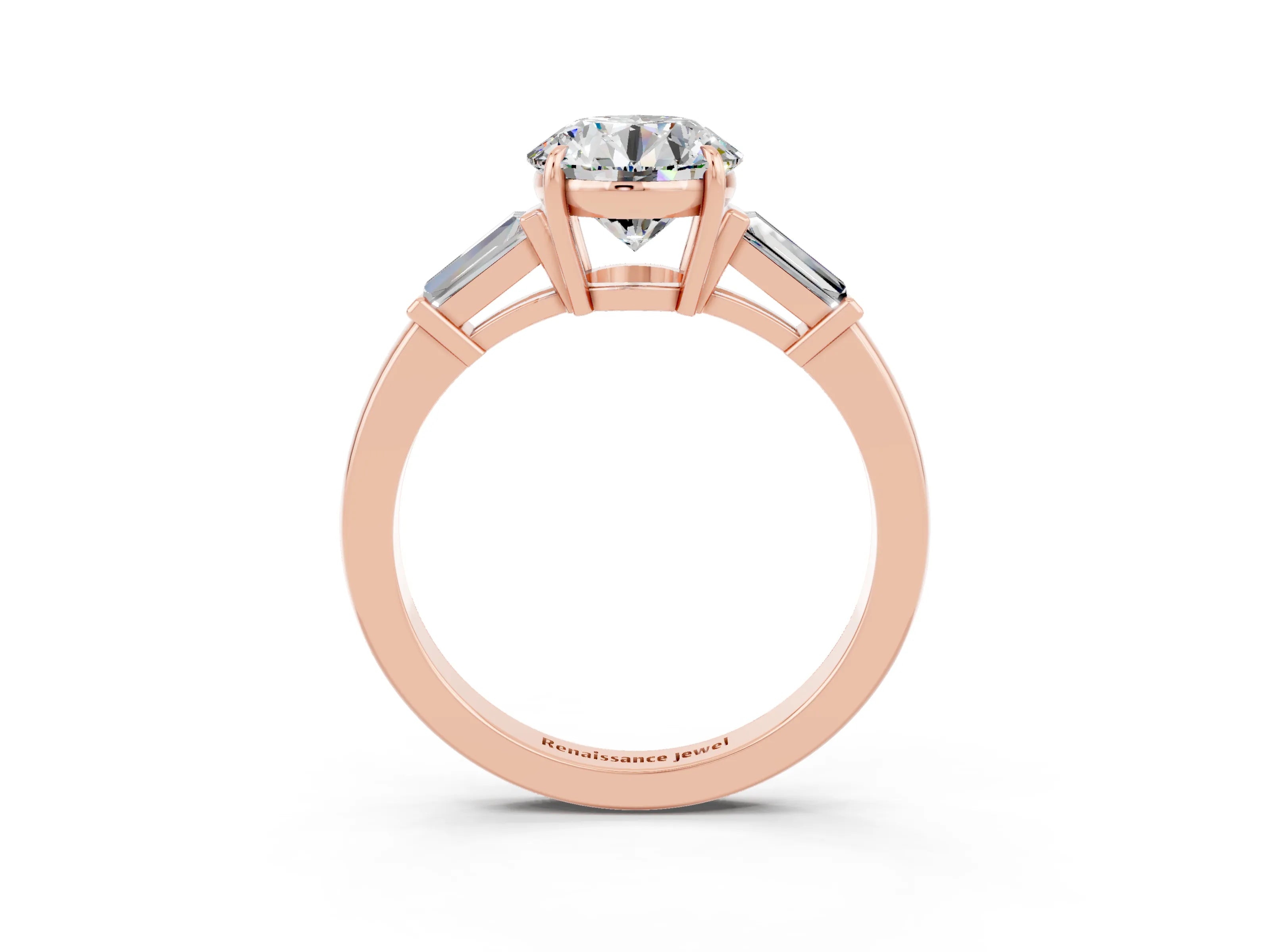 Rose gold Round Cut Cut Diamond Ring with Tapered Baguette Side Stones in Four-Prong Setting_3