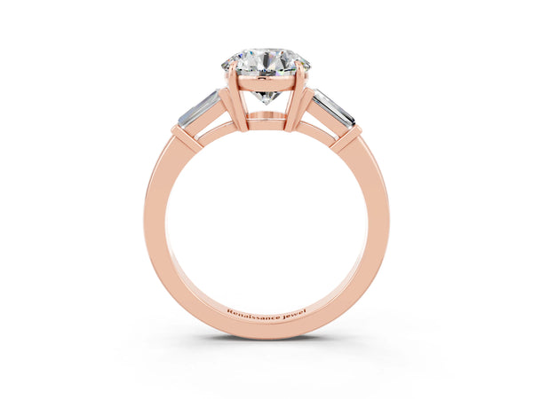 Rose gold Round Cut Moissanite Three-Stone Ring with Tapered Baguette Side Stones and Prong Setting