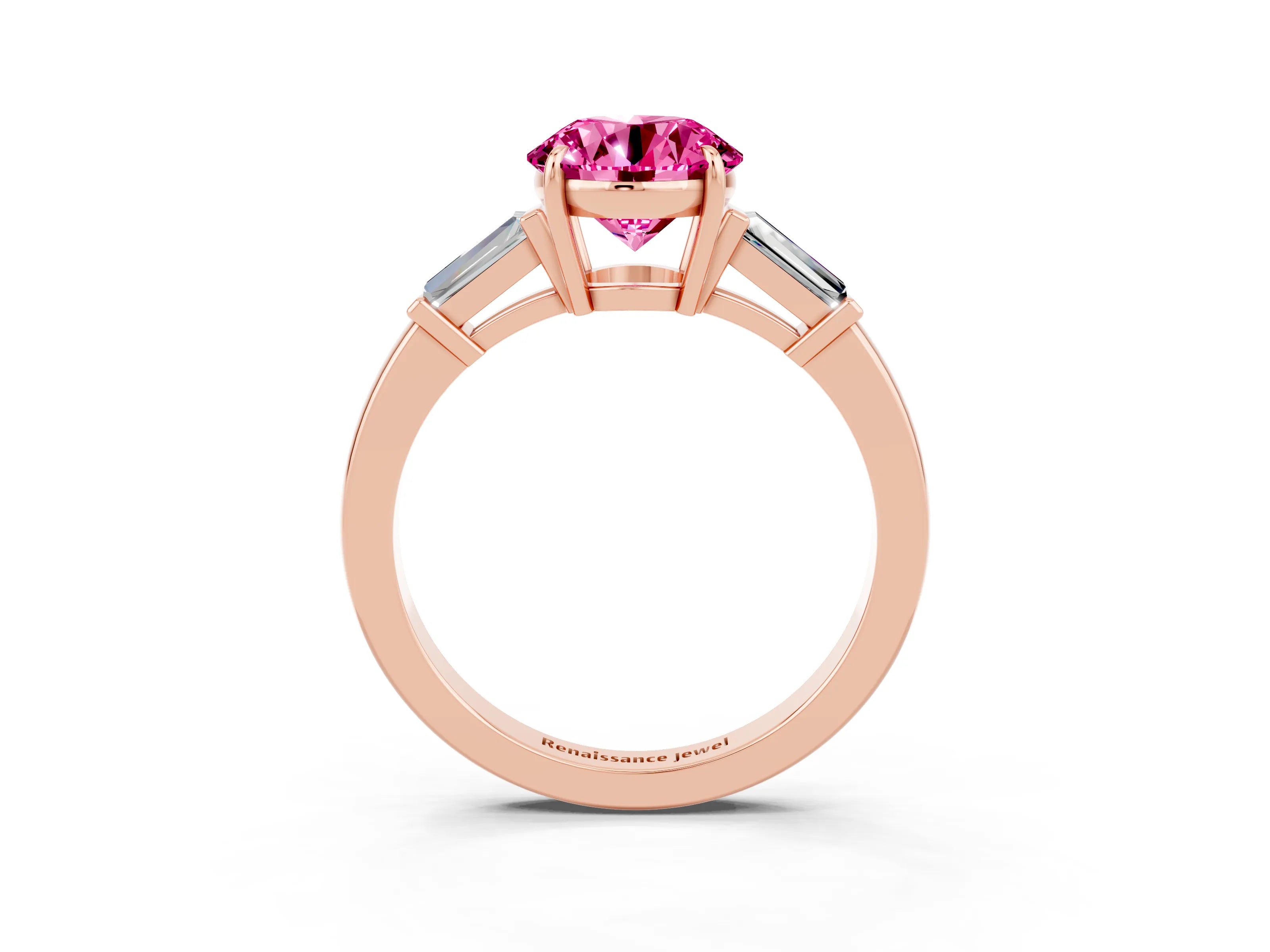 Rose gold Round Cut Cut Diamond Ring with Tapered Baguette Side Stones in Four-Prong Setting_3