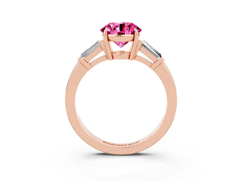 Rose gold Round Cut Cut Diamond Ring with Tapered Baguette Side Stones in Four-Prong Setting_3