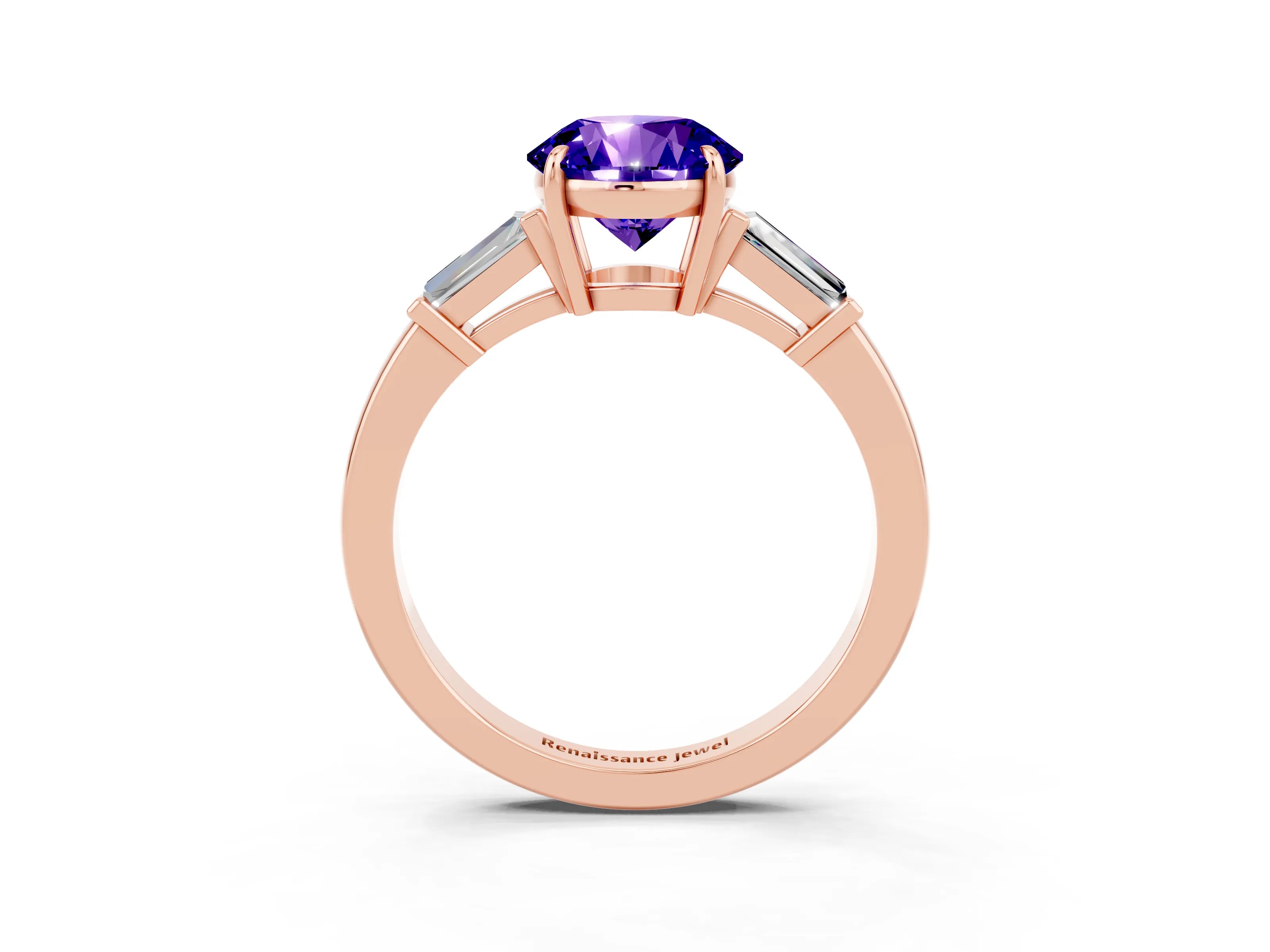Rose gold Round Cut Cut Diamond Ring with Tapered Baguette Side Stones in Four-Prong Setting_3