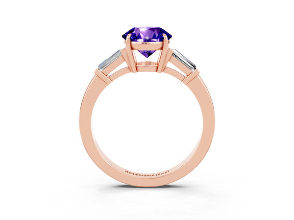 Rose gold Round Cut Tanzanite Three-Stone Ring with Tapered Baguette Side Stones and Prong Setting