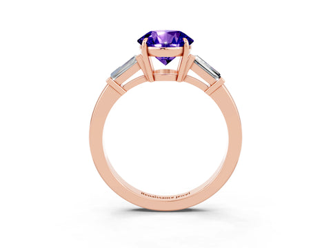 Rose gold Round Cut Cut Diamond Ring with Tapered Baguette Side Stones in Four-Prong Setting_3