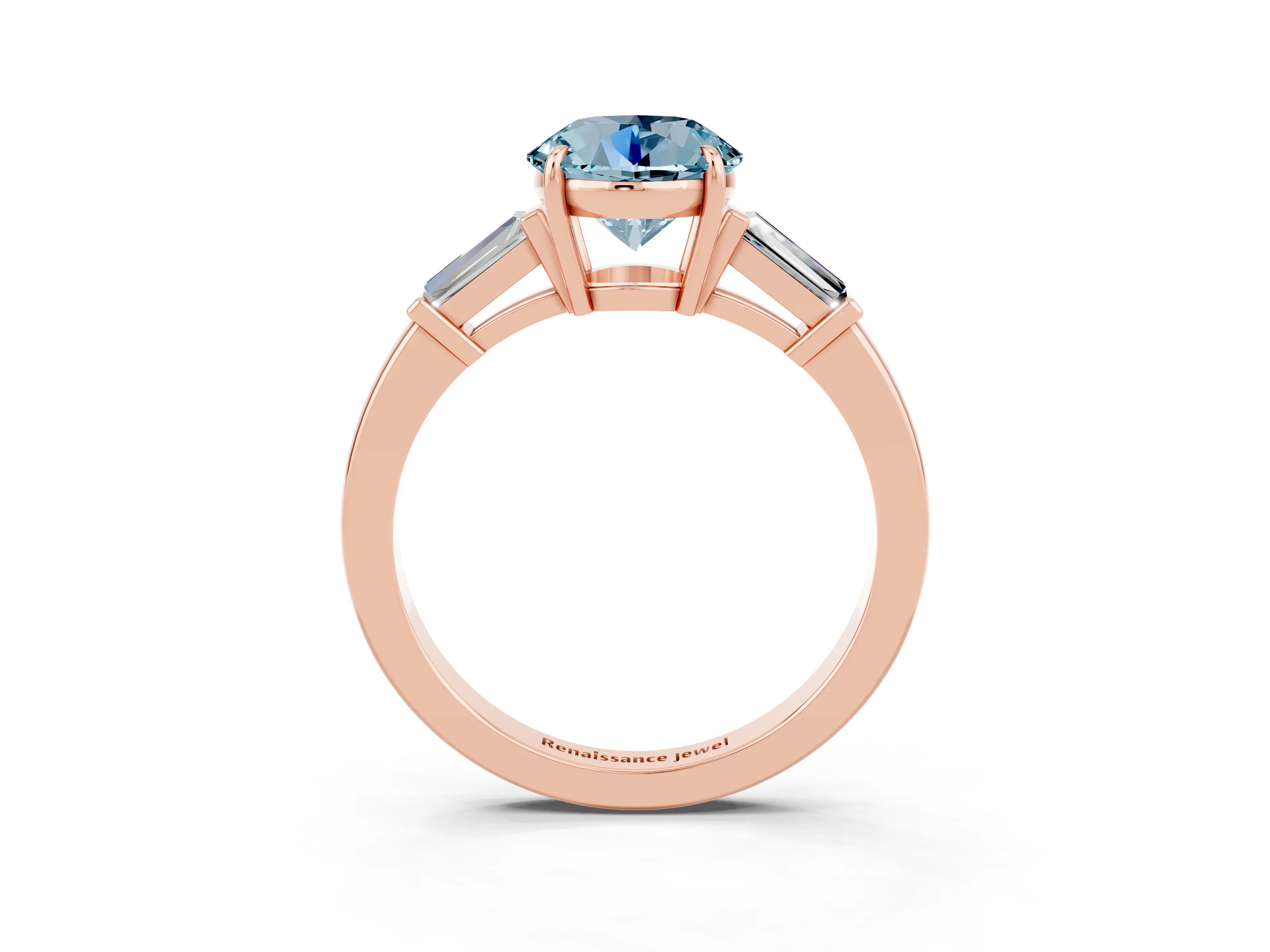 Rose gold Round Cut Cut Diamond Ring with Tapered Baguette Side Stones in Four-Prong Setting_3
