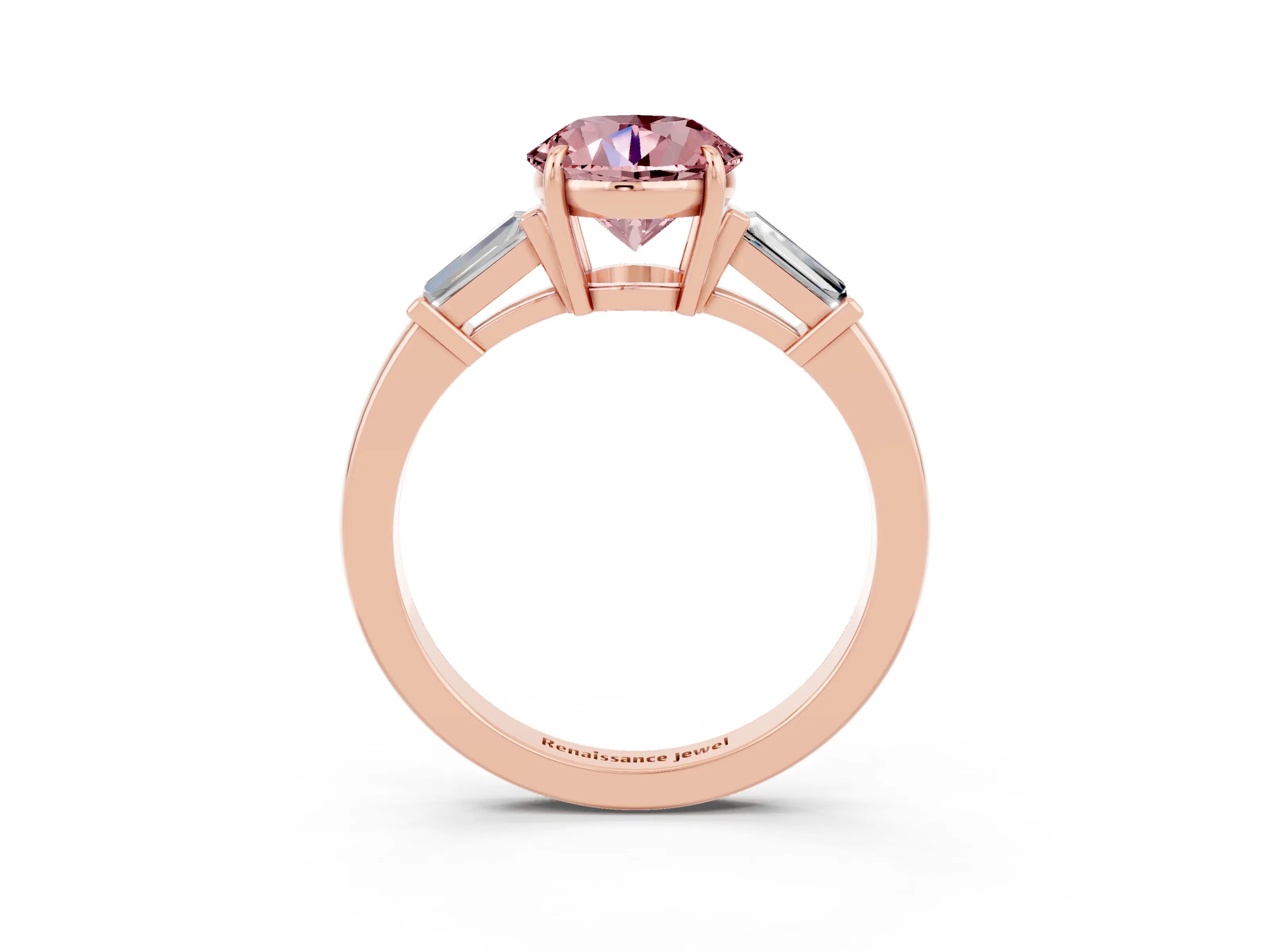 Rose gold Round Cut Cut Diamond Ring with Tapered Baguette Side Stones in Four-Prong Setting_3