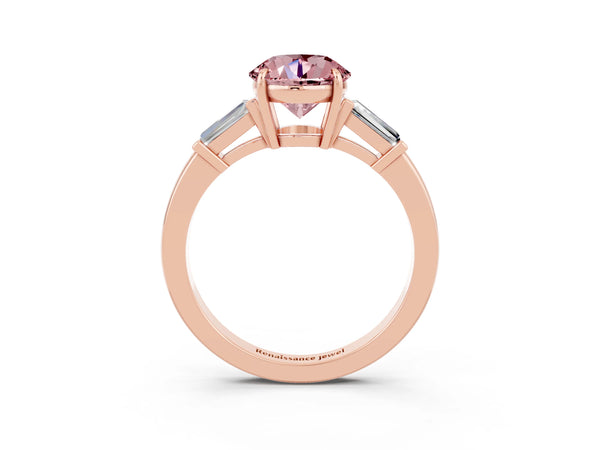 Rose gold Round Cut Cut Diamond Ring with Tapered Baguette Side Stones in Four-Prong Setting