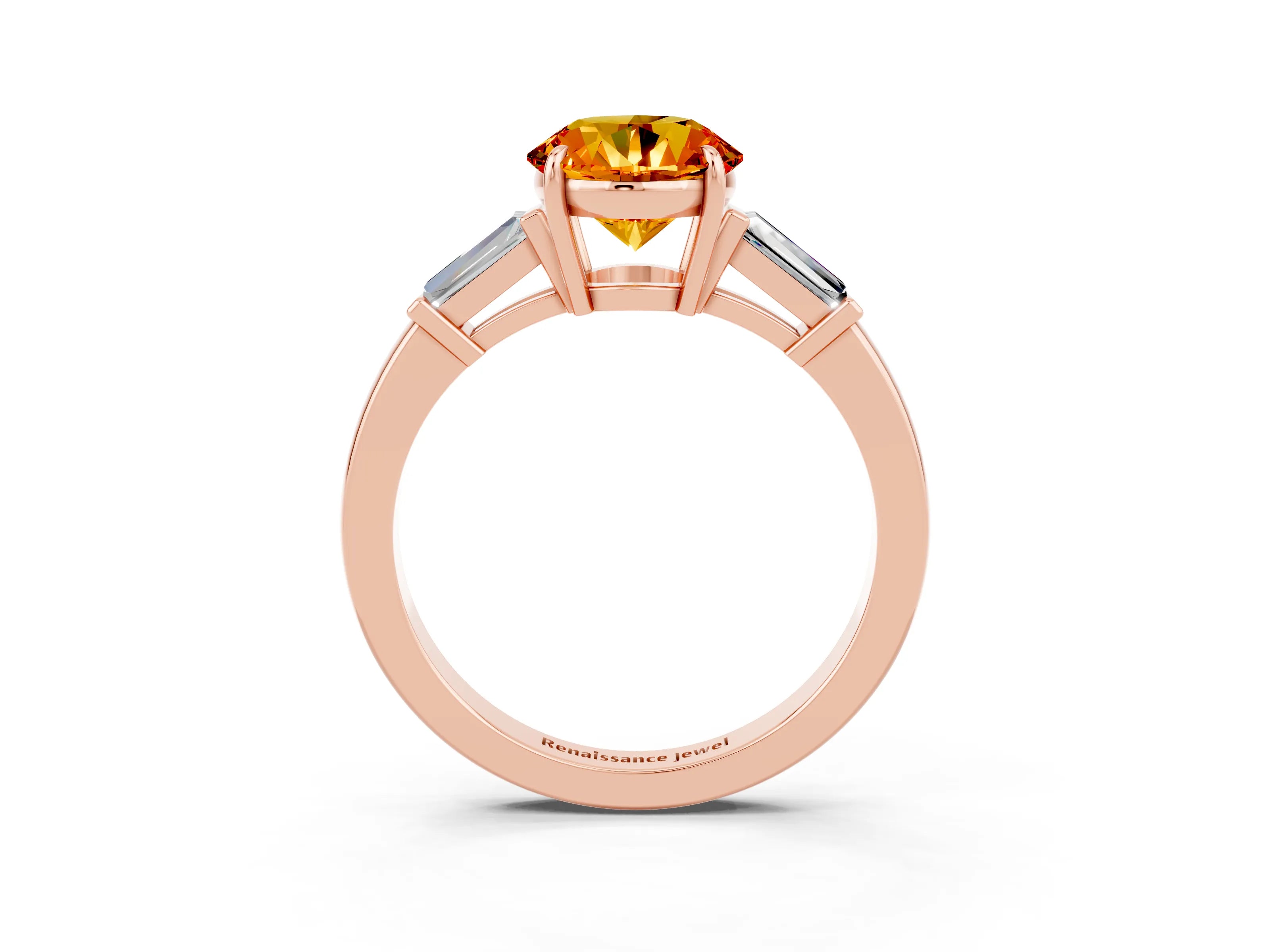 Rose gold Round Cut Cut Diamond Ring with Tapered Baguette Side Stones in Four-Prong Setting_3