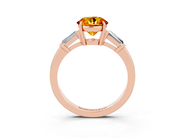 Rose gold Round Cut Citrine Three-Stone Ring with Tapered Baguette Side Stones and Prong Setting