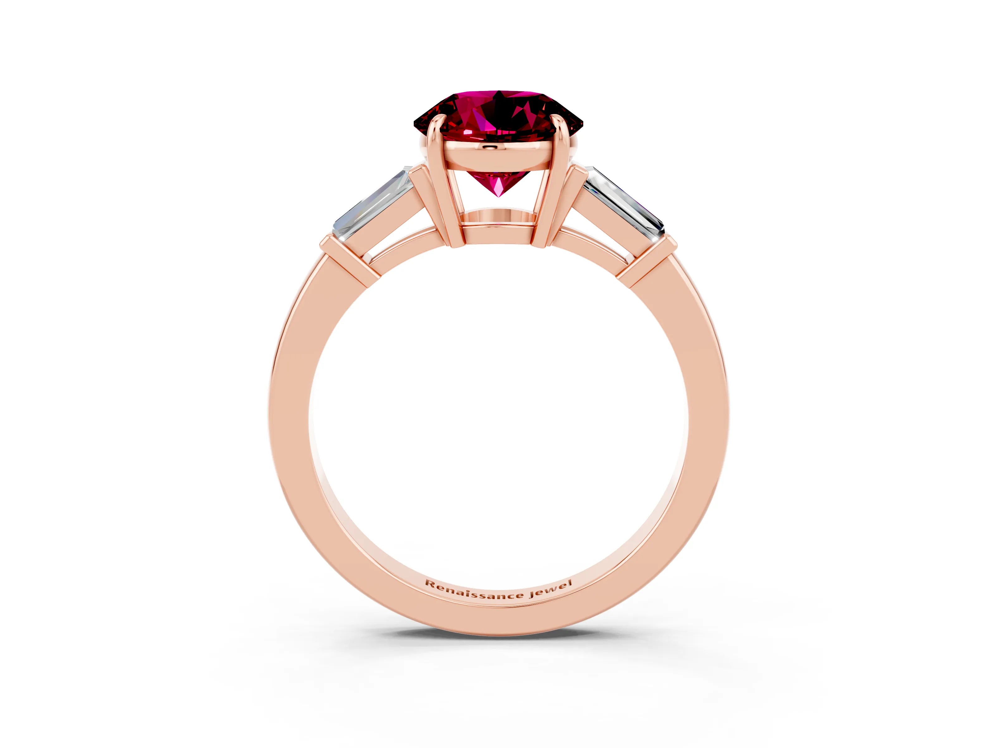 Rose gold Round Cut Cut Diamond Ring with Tapered Baguette Side Stones in Four-Prong Setting_3