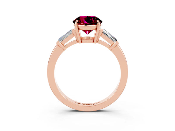 Rose gold Round Cut Garnet Three-Stone Ring with Tapered Baguette Side Stones and Prong Setting