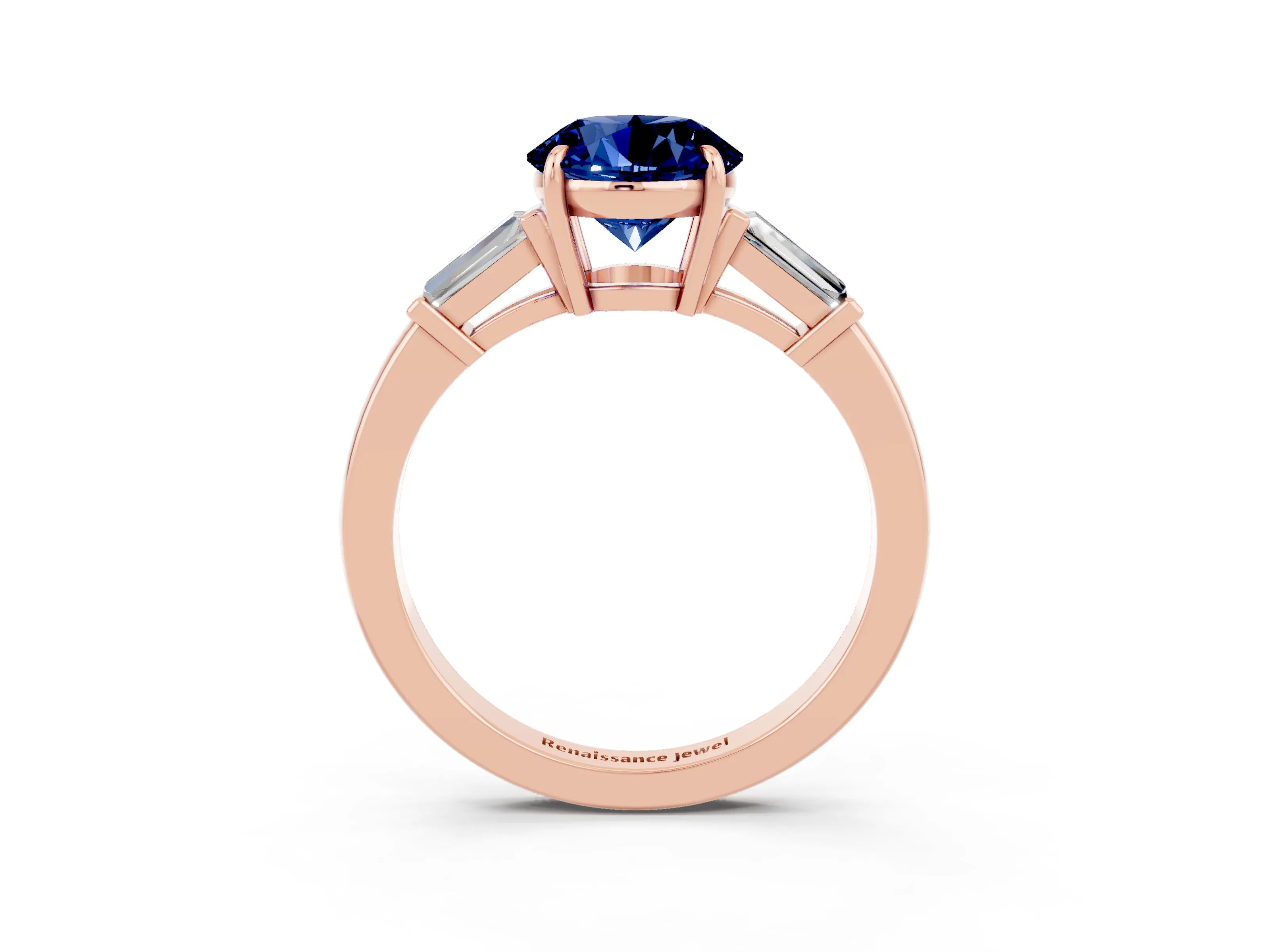 Rose gold Round Cut Cut Diamond Ring with Tapered Baguette Side Stones in Four-Prong Setting_3