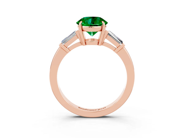 Rose gold Round Cut Emerald Three-Stone Ring with Tapered Baguette Side Stones and Prong Setting