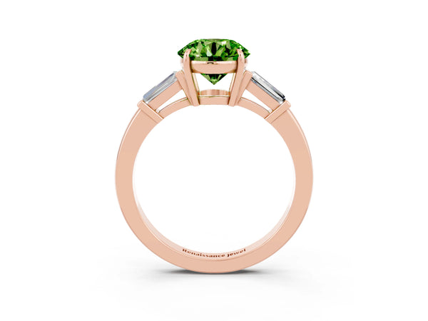 Rose gold Round Cut Cut Diamond Ring with Tapered Baguette Side Stones in Four-Prong Setting