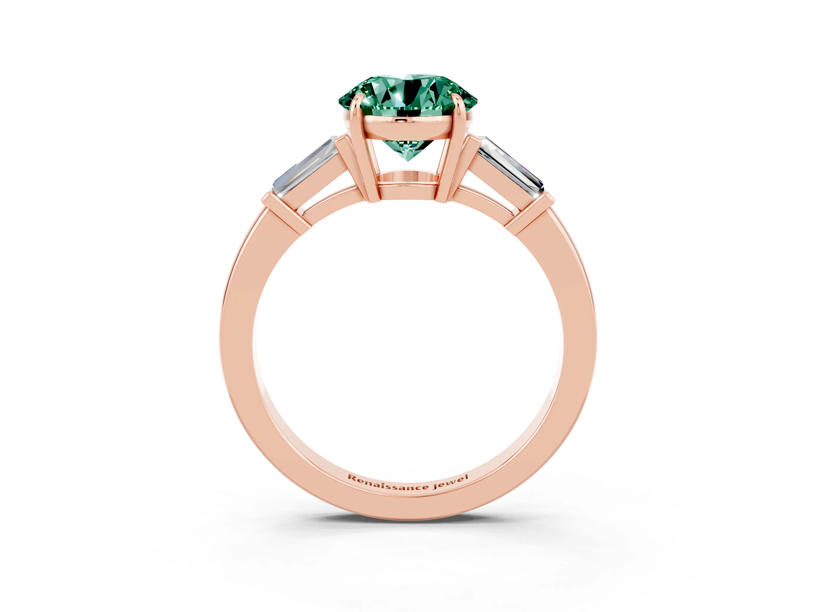 Rose gold Round Cut Cut Diamond Ring with Tapered Baguette Side Stones in Four-Prong Setting_3