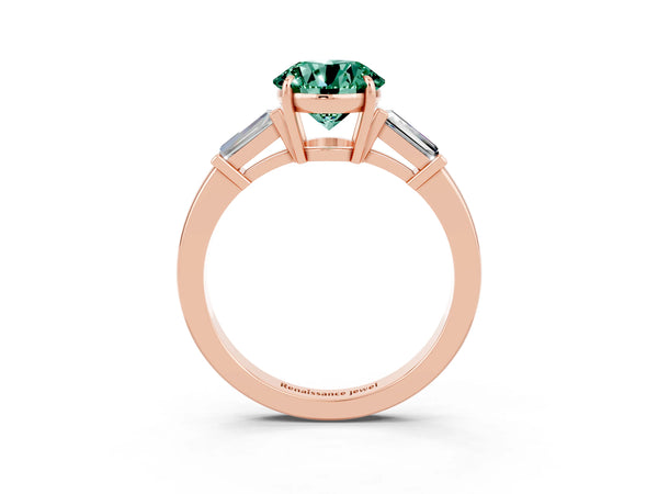 Rose gold Round Cut Green Sapphire Three-Stone Ring with Tapered Baguette Side Stones and Prong Setting