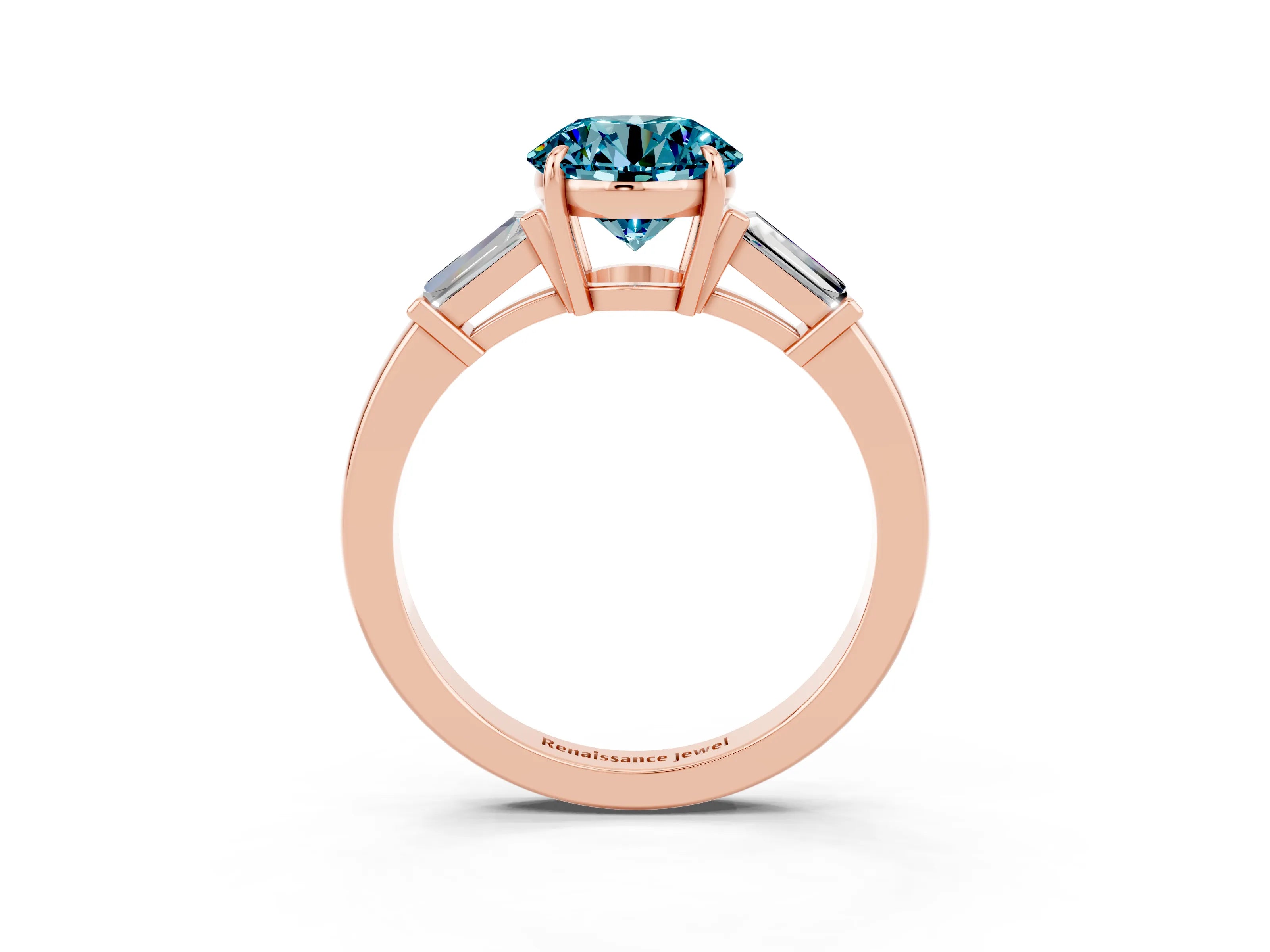 Rose gold Round Cut Cut Diamond Ring with Tapered Baguette Side Stones in Four-Prong Setting_3