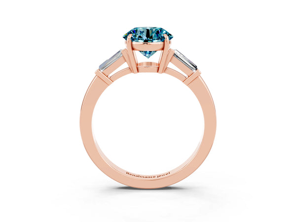 Rose gold Round Cut Cut Diamond Ring with Tapered Baguette Side Stones in Four-Prong Setting
