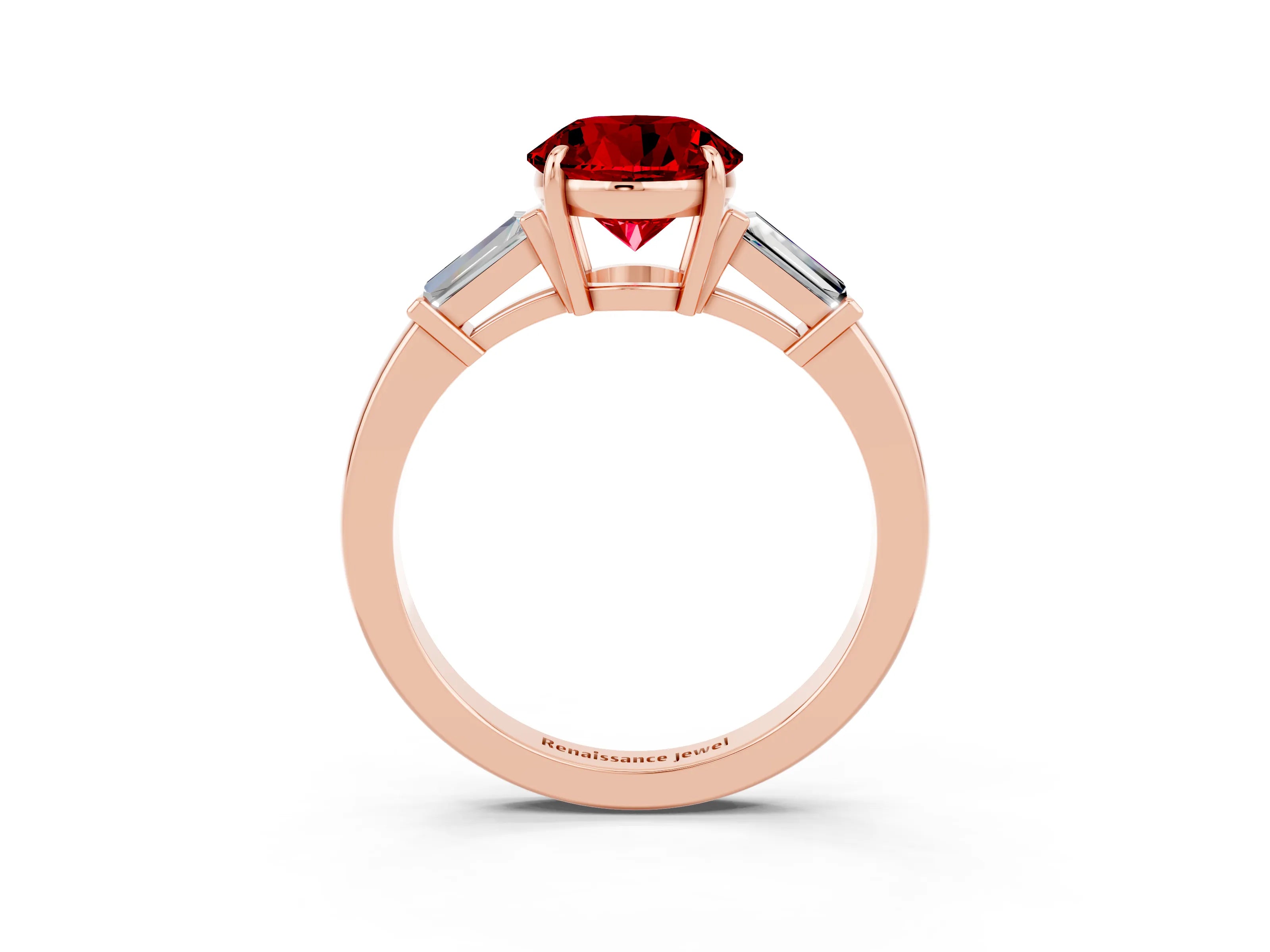 Rose gold Round Cut Cut Diamond Ring with Tapered Baguette Side Stones in Four-Prong Setting_3